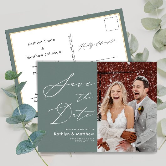 Carte Postale Faire-part Sage Green Élégant Script Mariage Enregistrer La D