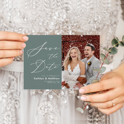 Carte Postale Faire-part Sage Green Élégant Script Mariage Enregistrer La D