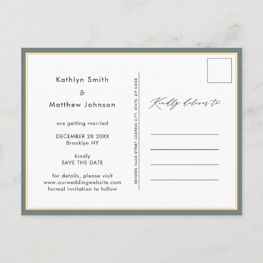 Carte Postale Faire-part Sage Green Élégant Script Mariage Enregistrer La D (Dos)