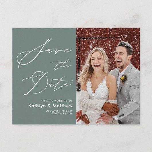 Carte Postale Faire-part Sage Green Élégant Script Mariage Enregistrer La D (Devant)