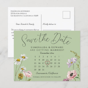 Carte Postale Faire-part Sage Green Floral Mariage Calendrier Enregistrer l