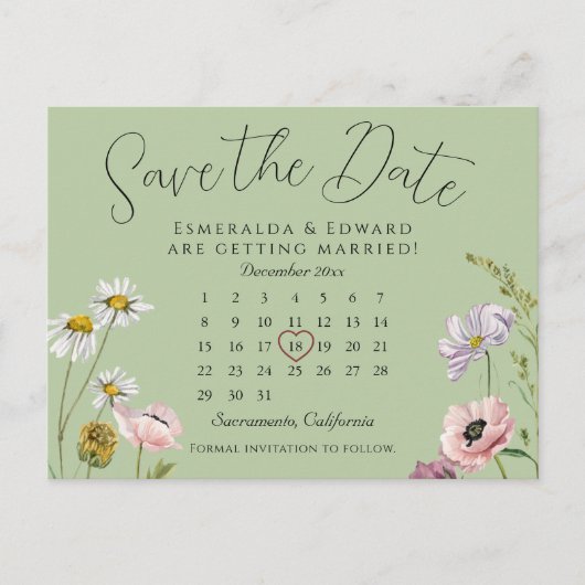 Carte Postale Faire-part Sage Green Floral Mariage Calendrier Enregistrer l (Devant)