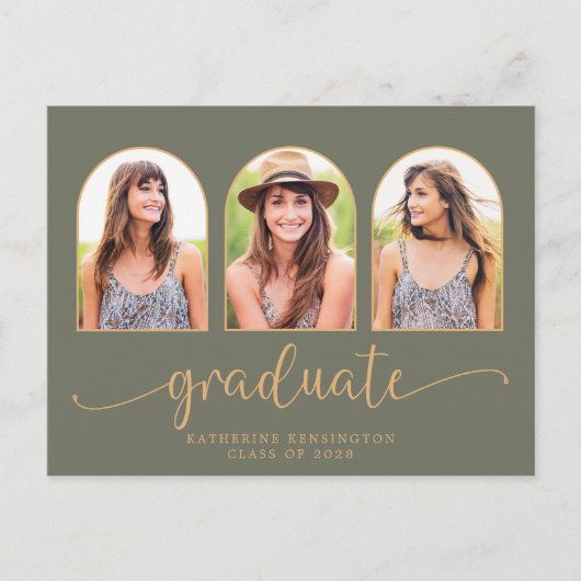Carte Postale Faire-part Sage Green Gold Arch 3 Photo Graduation (Devant)
