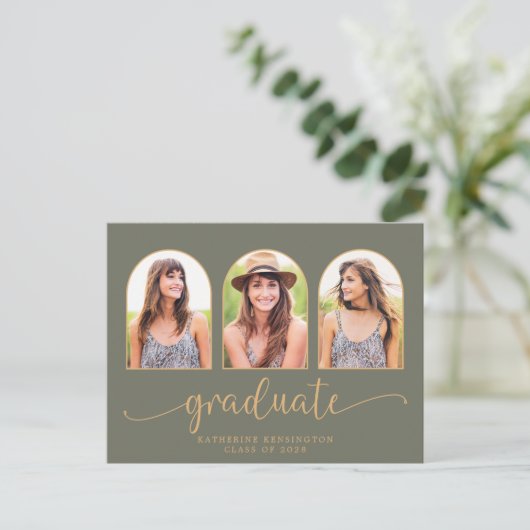 Carte Postale Faire-part Sage Green Gold Arch 3 Photo Graduation (Debout devant)