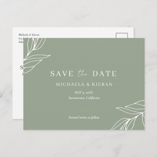 Carte Postale Faire-part Sage Green Mariage Botanique Enregistrer La Date (Devant / Derrière)