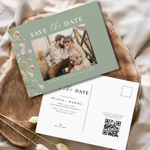 Carte Postale Faire-part Sage Green QR Code Fleur sauvage Floral Mariage
