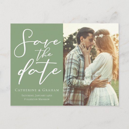 Carte Postale Faire-part Sage Green Script Couple Photo Enregistrer la phot (Devant)