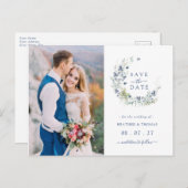 Carte Postale Faire-part Sage Marine Botanical Wreath Wedding Enregistrer L (Devant / Derrière)