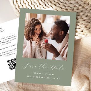 Carte Postale Faire-part Sage photo minimal vert QR Code Enregistrer la dat