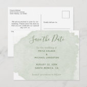 Carte Postale Faire-part Sage Vert Aquarelle Splash Enregistrer La Date (Devant / Derrière)