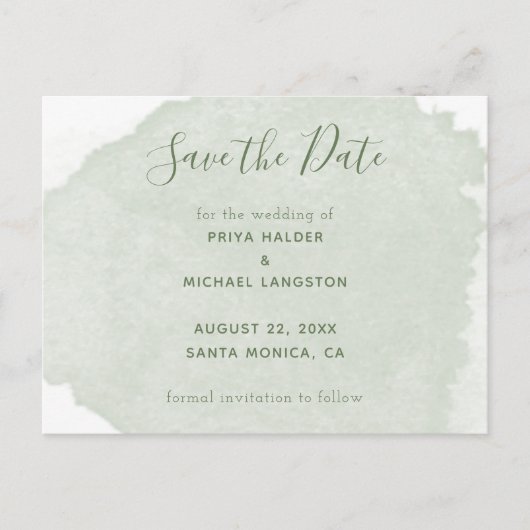 Carte Postale Faire-part Sage Vert Aquarelle Splash Enregistrer La Date (Devant)