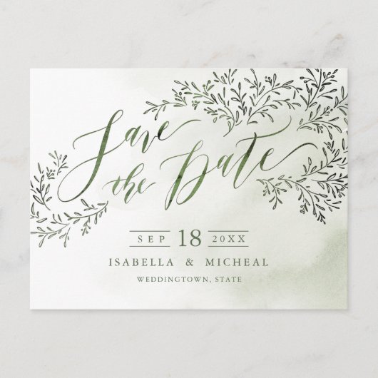 Carte Postale Faire-part Sage vert rustique floral calligraphie enregistrer (Devant)