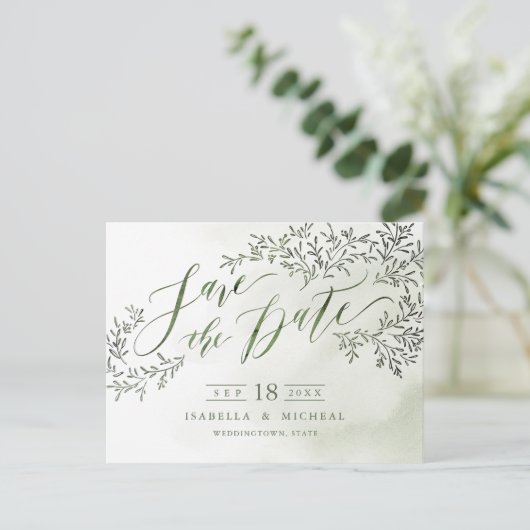 Carte Postale Faire-part Sage vert rustique floral calligraphie enregistrer (Debout devant)