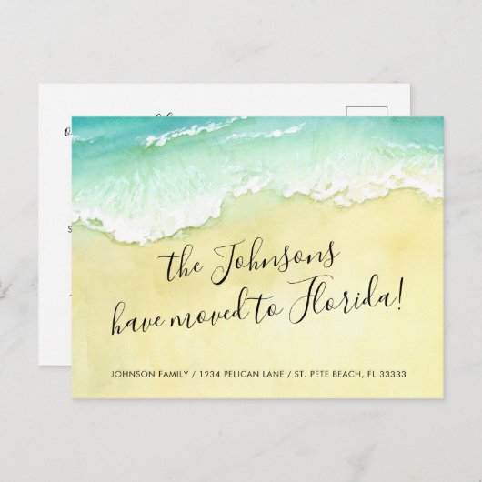 Carte Postale Faire-part Sandy Beach Ocean Waves Déménagé en Floride (Devant / Derrière)