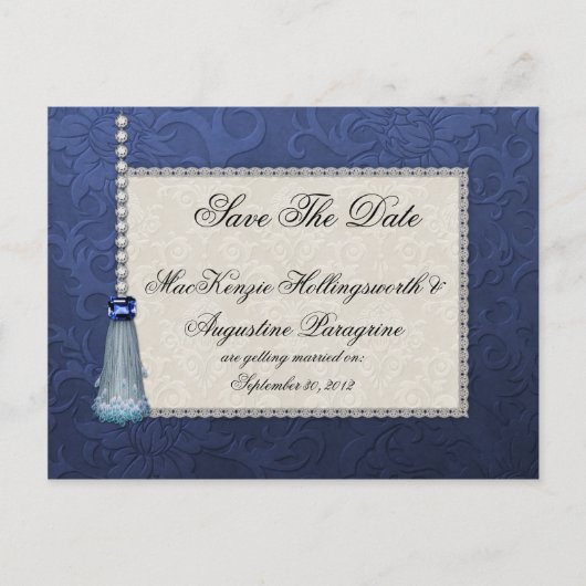 Carte Postale Faire-part Saphirs Diamants Tassel Bleu sur Damassé Enregistr (Devant)