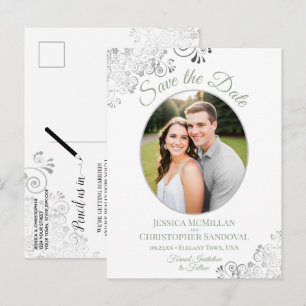 Carte Postale Faire-part Sauge argentée Mariage blanc Enregistrer la date P