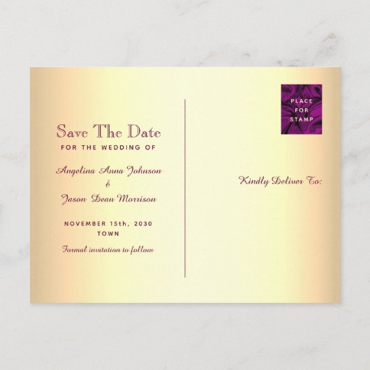 Carte Postale Faire-part Sauvegarde de date de photo d'or violet (Dos)