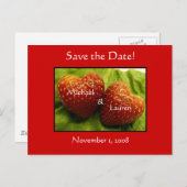 Carte Postale Faire-part Sauvegarder la date avec des cœurs de fraise ! (Devant / Derrière)