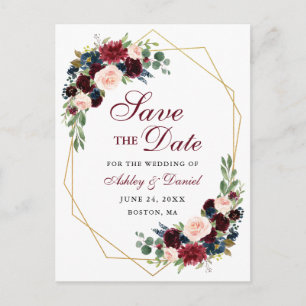 Carte Postale Faire-part Sauvegarder la date Burgundy Blue Floral Cadre en