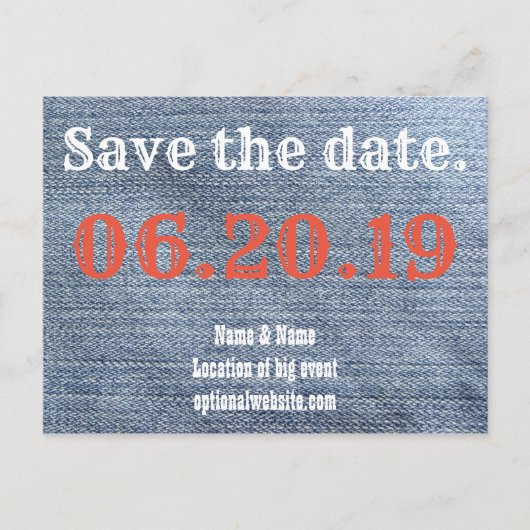 Carte Postale Faire-part Sauvegarder la date. Denim de cow-boy (Devant)