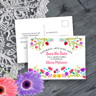 Carte Postale Faire-part Sauvegarder la date Fleurs Fiesta Mexicain Blanc