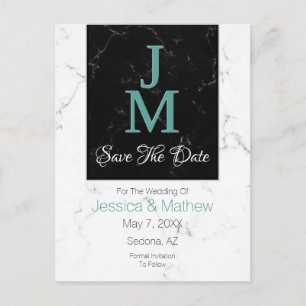 Carte Postale Faire-part Sauvegarder la date, monogramme blanc et marbre no