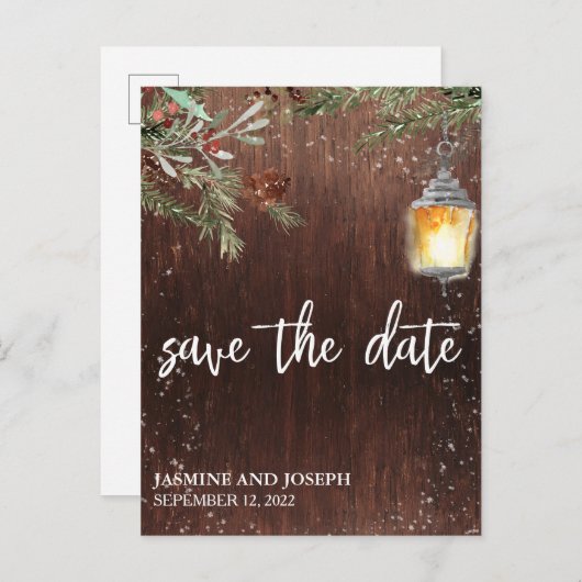 Carte Postale Faire-part Sauvegarder la date Noël rustique en bois d'hiver (Devant / Derrière)