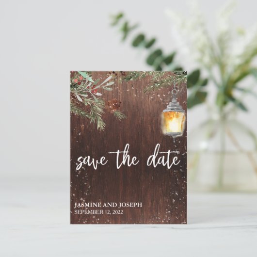 Carte Postale Faire-part Sauvegarder la date Noël rustique en bois d'hiver (Debout devant)