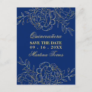 Carte Postale Faire-part Sauvegarder la date Royal Blue et Or Floral Art Fl