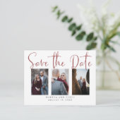 Carte Postale Faire-part Sauver la date 3 Photo Rose Gold Écriture Moderne (Debout devant)