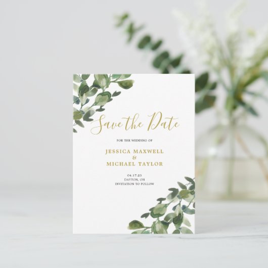 Carte Postale Faire-part Sauver la date aquarelle d'eucalyptus (Debout devant)