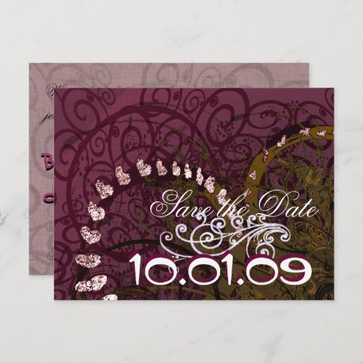 Carte Postale Faire-part Sauver la date Cœurs Deep Purple - (Devant / Derrière)