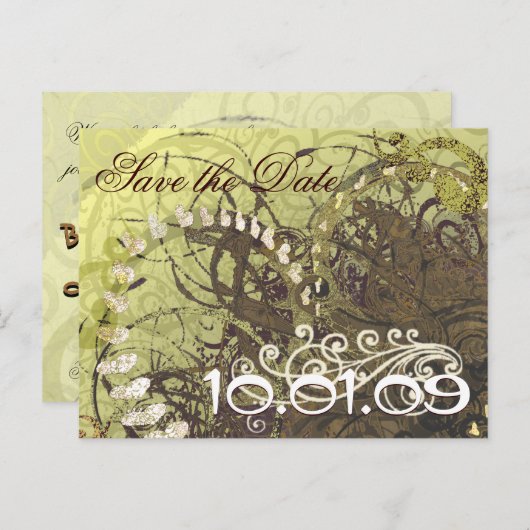 Carte Postale Faire-part Sauver la date cœurs jaunes et marron (Devant / Derrière)