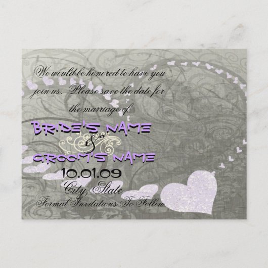 Carte Postale Faire-part Sauver la date cœurs lavande - (Dos)