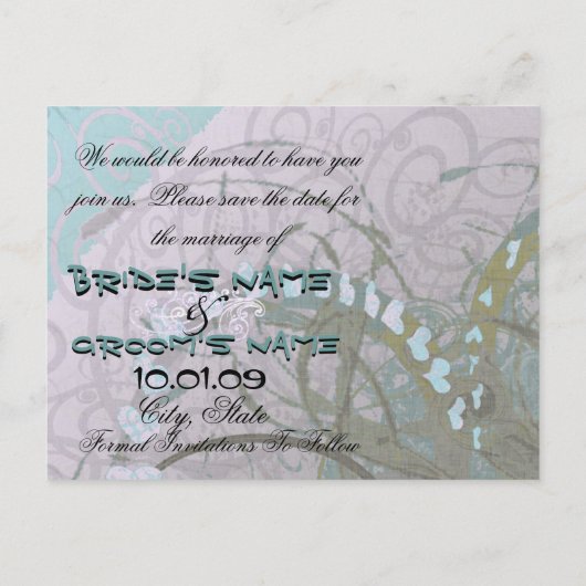 Carte Postale Faire-part Sauver la date coeurs violets et bleus abstraits (Dos)