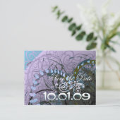 Carte Postale Faire-part Sauver la date coeurs violets et bleus abstraits (Debout devant)