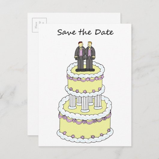 Carte Postale Faire-part Sauver la date couple d'hommes sur un gâteau (Devant / Derrière)