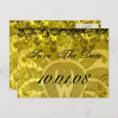 Carte Postale Faire-part Sauver la date - Damassé jaune et vert (Devant / Derrière)