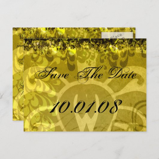 Carte Postale Faire-part Sauver la date - Damassé jaune et vert (Devant / Derrière)