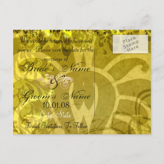 Carte Postale Faire-part Sauver la date - Damassé jaune et vert (Dos)