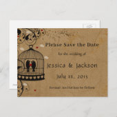 Carte Postale Faire-part Sauver la date Deux oiseaux amoureux Cage à oiseau (Devant / Derrière)