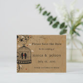 Carte Postale Faire-part Sauver la date Deux oiseaux amoureux Cage à oiseau (Debout devant)