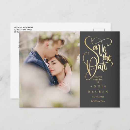 Carte Postale Faire-part Sauver la Date Élégant Écriture Or Photo (Devant / Derrière)