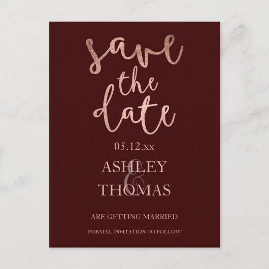 Carte Postale Faire-part Sauver la date faux Rose or script bordeaux (Devant)