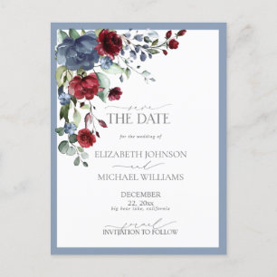 Carte Postale Faire-part Sauver la date mariage bleu poussiéreux burgundy é