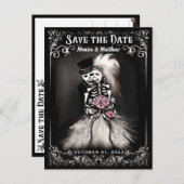 Carte Postale Faire-part Sauver la Date Mariée & Marié Squelettes Fleurs Ro (Devant / Derrière)