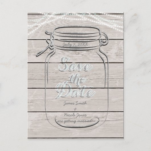 Carte Postale Faire-part Sauver la date Mason Jar & String Lights Mariage (Devant)