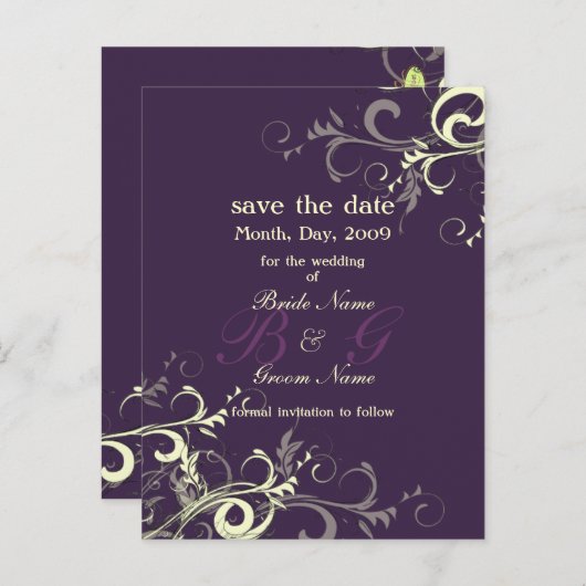 Carte Postale Faire-part Sauver la date, monogramme crème tourbillons / cou (Devant / Derrière)