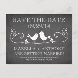 Carte Postale Faire-part SAUVER LA DATE Oiseaux de l'amour sur un tableau n