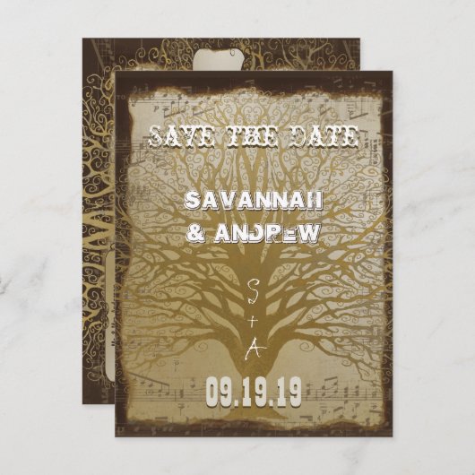 Carte Postale Faire-part Sauver la date Or Arbre Tourbillonnant (Devant / Derrière)